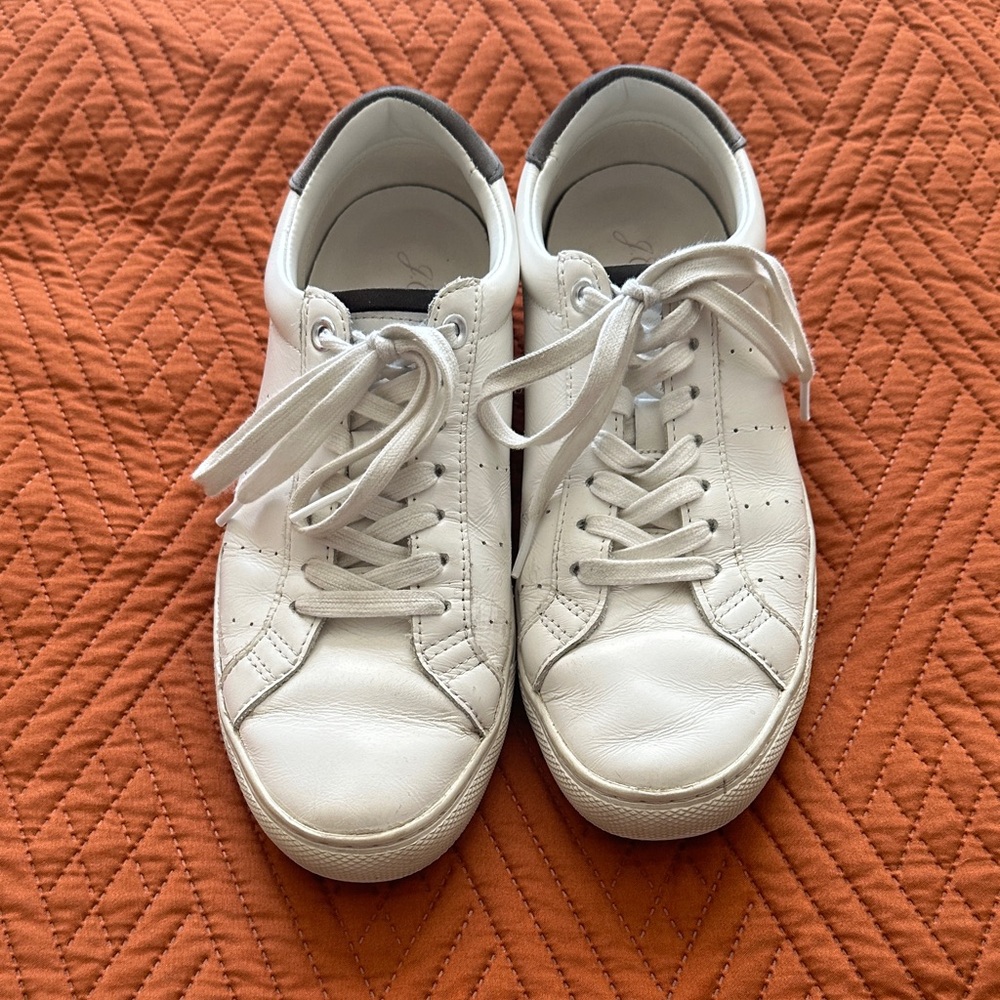 JCrew Saturday sneakers in White Leather with charcoal gray detail.